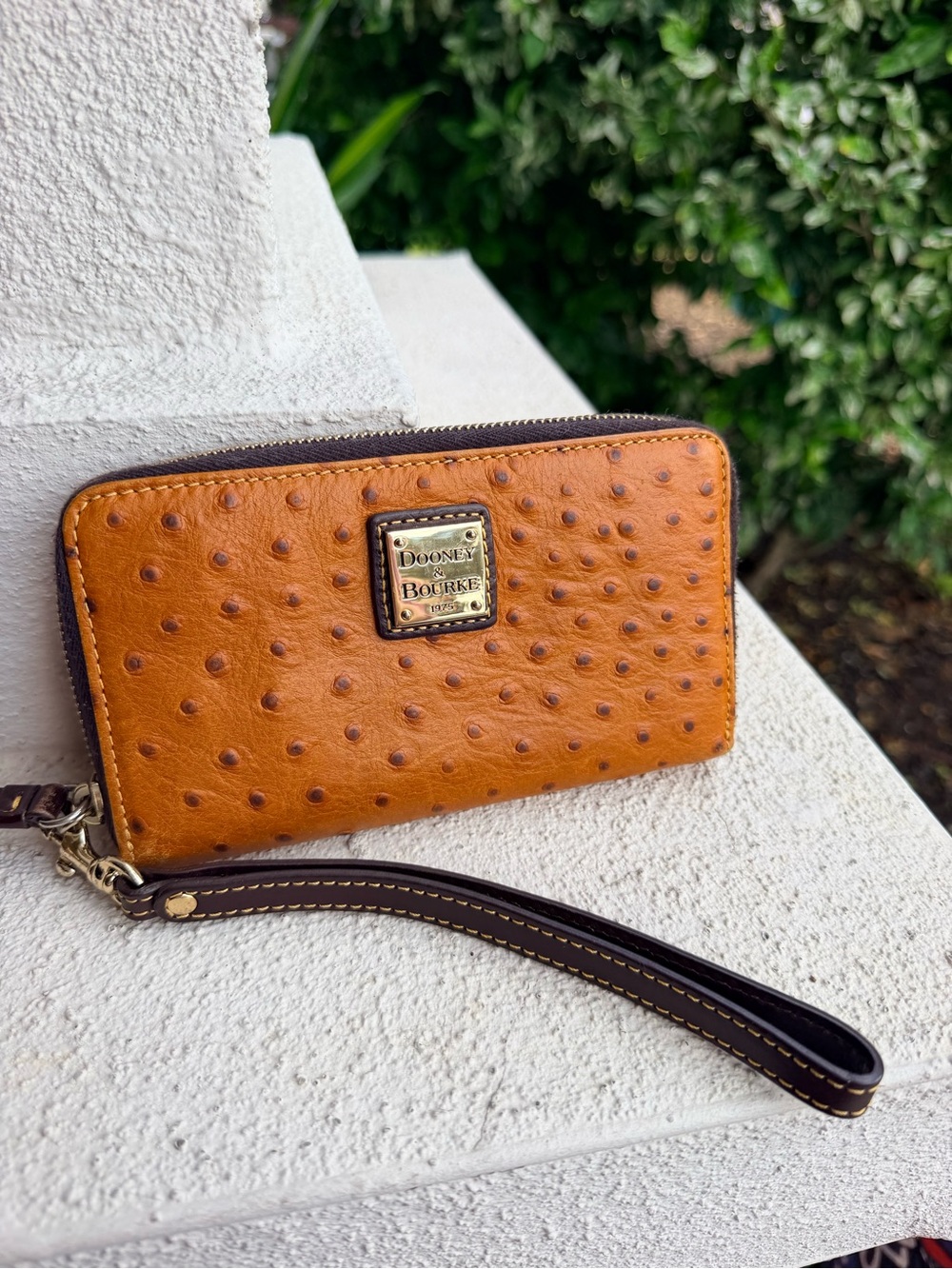 Dooney & Bourke Ostrich Embossed Leather Zip Around Wallet Cognac Wristlet